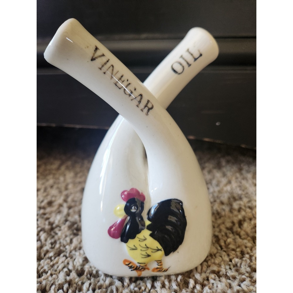 Vintage Thames Japan Rooster Oil and Vinegar Cruet Interlocking Ceramic Bottle